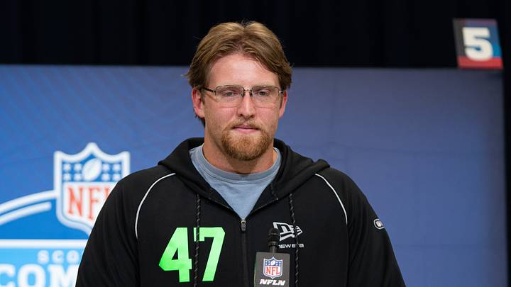 Feb 28, 2026; Indianapolis, IN, USA; Florida offensive lineman Jake Slaughter (OL47) speaks to members of the media during the NFL Combine at the Indiana Convention Center. Mandatory Credit: Jacob Musselman-Imagn Images