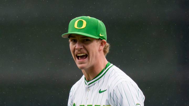 Oregon right-handed pitcher Collin Clarke celebrates a strike-out as the Oregon Ducks host the George Mason Patriots on Feb. 14, 2026, at PK Park in Eugene, Oregon.