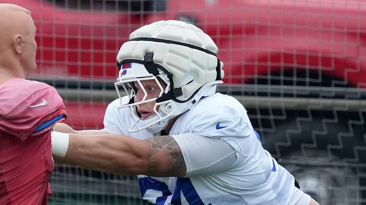 Bills defensive line Landon Jackson hits the blocking dummy during the final day of Buffalo Bills training camp at St. John Fisher University Friday, August 7, 2026 in Pittsford.