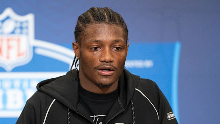 Feb 27, 2026; Indianapolis, IN, USA; Ohio State wideout Carnell Tate (WO37) speaks to members of the media during the NFL Combine at the Indiana Convention Center. Mandatory Credit: Jacob Musselman-Imagn Images