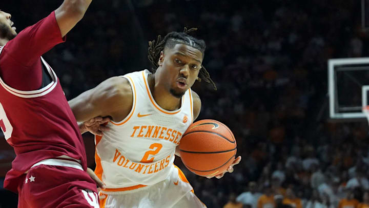 Tennessee guard Chaz Lanier (2) tries to get past Indiana guard Kanaan Carlyle (9) during a college basketball exhibition game on Sunday, October 27, 2024, in Knoxville. Tenn. Tennessee guard Chaz Lanier (2) tries to get past Indiana guard Kanaan Carlyle (9) during a college basketball exhibition game on Sunday, October 27, 2024, in Knoxville. Tenn.