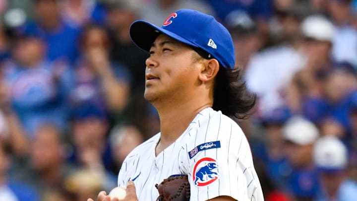 Oct 1, 2025; Chicago, Illinois, USA; Chicago Cubs relief pitcher Shota Imanaga (18) reacts after giving up a two-run home run in the fifth inning against the San Diego Padres during game two of the Wildcard round for the 2025 MLB playoffs at Wrigley Field. Oct 1, 2025; Chicago, Illinois, USA; Chicago Cubs relief pitcher Shota Imanaga (18) reacts after giving up a two-run home run in the fifth inning against the San Diego Padres during game two of the Wildcard round for the 2025 MLB playoffs at Wrigley Field.