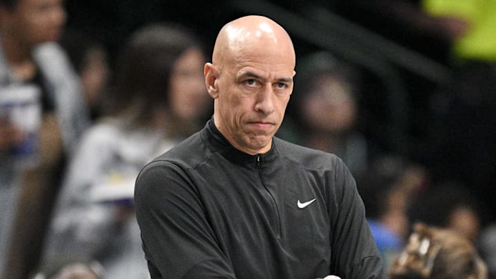 Feb 26, 2026; Dallas, Texas, USA; Sacramento Kings head coach Doug Christie looks on during the second quarter against the Dallas Mavericks at the American Airlines Center. Mandatory Credit: Jerome Miron-Imagn Images