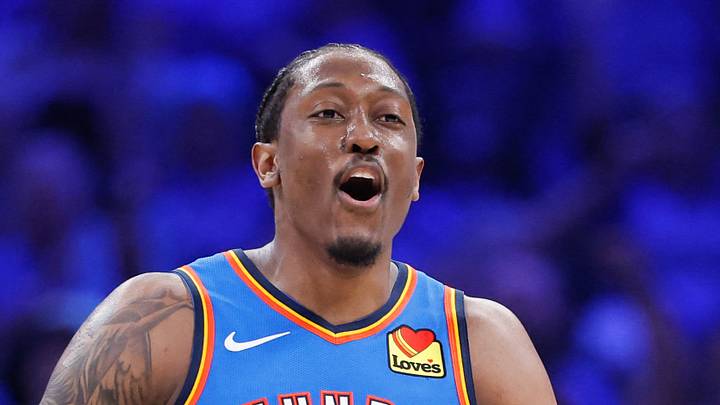 May 18, 2026; Oklahoma City, Oklahoma, USA; Oklahoma City Thunder forward Jalen Williams (8) reacts to a shot by forward Luguentz Dort (5) in the third quarter against San Antonio Spurs during game one of the western conference finals for the 2026 NBA playoffs at Paycom Center. Mandatory Credit: Alonzo Adams-Imagn Images May 18, 2026; Oklahoma City, Oklahoma, USA; Oklahoma City Thunder forward Jalen Williams (8) reacts to a shot by forward Luguentz Dort (5) in the third quarter against San Antonio Spurs during game one of the western conference finals for the 2026 NBA playoffs at Paycom Center. Mandatory Credit: Alonzo Adams-Imagn Images