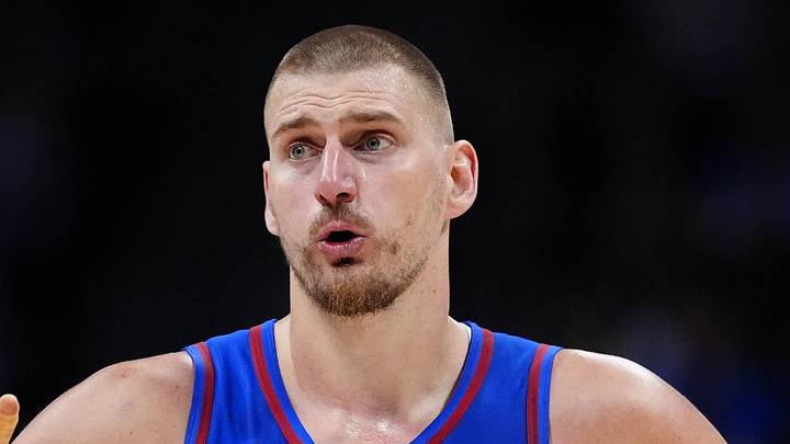 Apr 20, 2026; Denver, Colorado, USA; Denver Nuggets center Nikola Jokic (15) reacts towards the bench in the second half against the Minnesota Timberwolves during game two of the first round of the 2026 NBA Playoffs at Ball Arena. Mandatory Credit: Ron Chenoy-Imagn Images