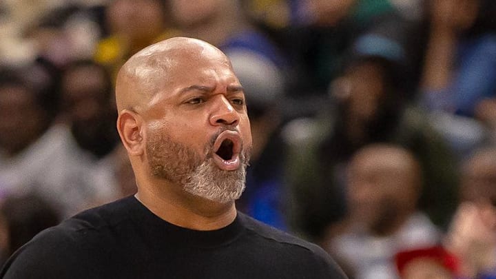 Mar 23, 2026; Detroit, Michigan, USA; Detroit Pistons J.B. Bickerstaff reacts to a call during the second half of the game against the Los Angeles Lakers at Little Caesars Arena. Mandatory Credit: David Reginek-Imagn Images