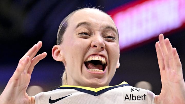 Dallas Wings guard Paige Bueckers celebrates after the game against the Phoenix Mercury at College Park Center. Dallas Wings guard Paige Bueckers celebrates after the game against the Phoenix Mercury at College Park Center.