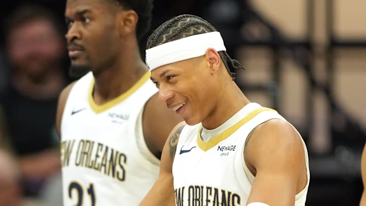 Apr 3, 2026; Sacramento, California, USA; New Orleans Pelicans guard Jeremiah Fears (right) is congratulated by forward Zion Williamson (left) after scoring against the Sacramento Kings during the fourth quarter at Golden 1 Center. Mandatory Credit: Darren Yamashita-Imagn Images Apr 3, 2026; Sacramento, California, USA; New Orleans Pelicans guard Jeremiah Fears (right) is congratulated by forward Zion Williamson (left) after scoring against the Sacramento Kings during the fourth quarter at Golden 1 Center. Mandatory Credit: Darren Yamashita-Imagn Images