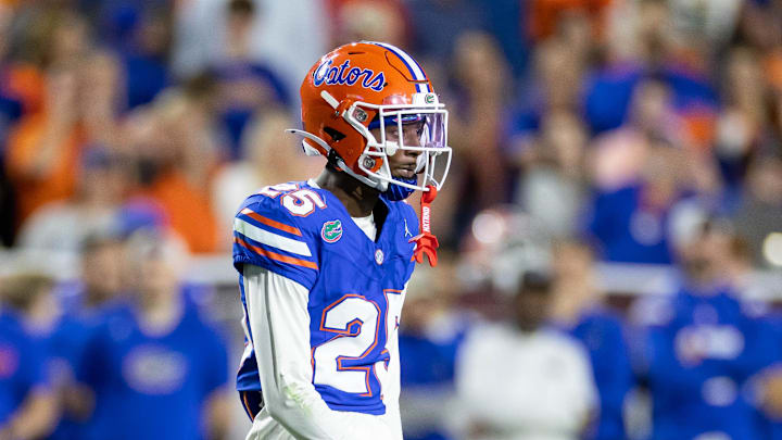 Oct 19, 2024; Gainesville, Florida, USA; Florida Gators defensive back Cormani McClain (25) waits for the snap against the Kentucky Wildcats during the second half at Ben Hill Griffin Stadium. Mandatory Credit: Matt Pendleton-Imagn Images