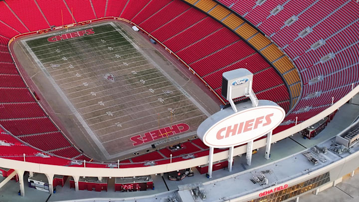 Feb 14, 2024; Kansas City, MO, USA; A general overall aerial view of Arrowhead Stadium at the Truman Sports Complex. Mandatory Credit: Kirby Lee-Imagn Images