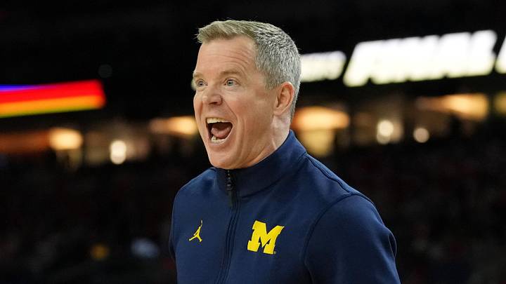 Apr 4, 2026; Indianapolis, IN, USA; Michigan Wolverines head coach Dusty May reacts during the second half in a semifinal of the Final Four of the men's 2026 NCAA Tournament at Lucas Oil Stadium. Mandatory Credit: Bob Donnan-Imagn Images