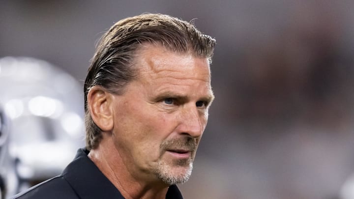 Aug 23, 2025; Glendale, Arizona, USA; Las Vegas Raiders quarterbacks coach Greg Olson against the Arizona Cardinals during a preseason NFL game at State Farm Stadium. Mandatory Credit: Mark J. Rebilas-Imagn Images