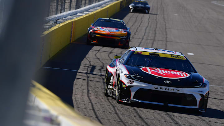 Oct 20, 2024; Las Vegas, Nevada, USA; NASCAR Cup Series driver Christopher Bell (20) during the South Point 400 at Las Vegas Motor Speedway. Oct 20, 2024; Las Vegas, Nevada, USA; NASCAR Cup Series driver Christopher Bell (20) during the South Point 400 at Las Vegas Motor Speedway.