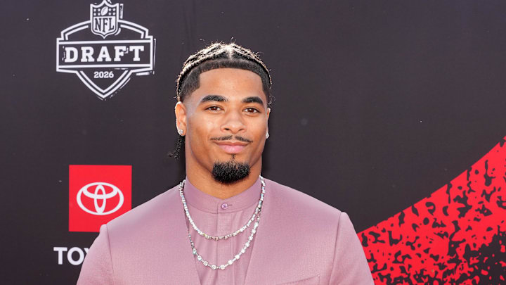 LSU Tigers defensive back Mansoor Delane poses on the red carpet before the 2026 NFL Draft