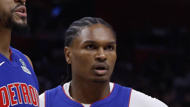 May 17, 2026; Detroit, Michigan, USA; Detroit Pistons center Jalen Duren (0), forward Tobias Harris (12), guard Ausar Thompson (9), guard Cade Cunningham (2) and guard Daniss Jenkins (24) huddle up in the first half against the Cleveland Cavaliers during game seven of the second round of the 2026 NBA Playoffs at Little Caesars Arena. Mandatory Credit: Rick Osentoski-Imagn Images