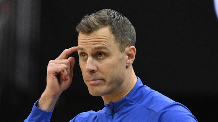 Jan 6, 2026; Louisville, Kentucky, USA;  Duke Blue Devils head coach Jon Scheyer reacts during the second half against the Louisville Cardinals at KFC Yum! Center. Duke defeated Louisville 84-73. Mandatory Credit: Jamie Rhodes-Imagn Images