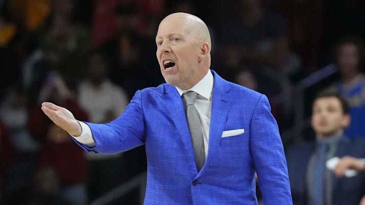 Jan 27, 2025; Los Angeles, California, USA; UCLA Bruins head coach Mick Cronin reacts against the Southern California Trojans at the Galen Center. Mandatory Credit: Kirby Lee-Imagn Images