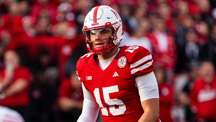 Nebraska Cornhuskers quarterback Dylan Raiola waits for a snap against the Wisconsin Badgers.