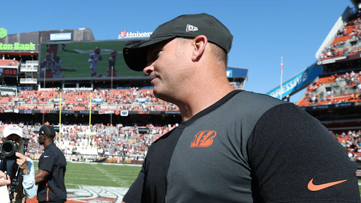 Sep 7, 2025; Cleveland, Ohio, USA; Cleveland Browns head coach Kevin Stefanski and Cincinnati Bengals head coach Zac Taylor shake hands after a game at Huntington Bank Field. Mandatory Credit: Scott Galvin-Imagn Images