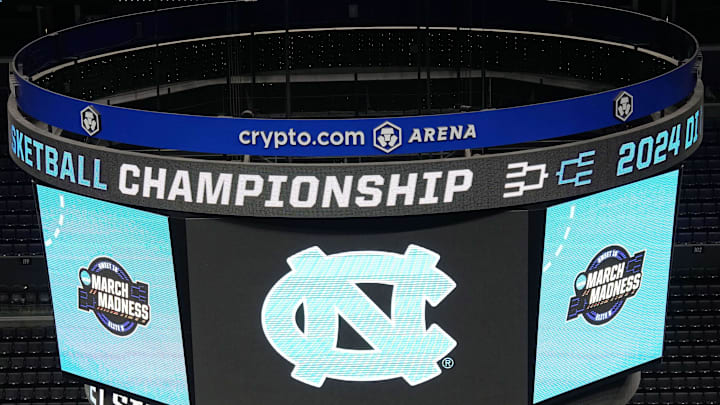 Mar 27, 2024; Los Angeles, CA, USA; The North Carolina Tar Heels logo on the video board during practice prior to NCAA Tournament at West Regional at Crypto.com Arena. Mandatory Credit: Kirby Lee-Imagn Images
