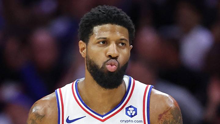 May 8, 2026; Philadelphia, Pennsylvania, USA; Philadelphia 76ers forward Paul George (8) reacts to his three pointer against the New York Knicks during the first quarter of game three of the second round of the 2026 NBA Playoffs at Xfinity Mobile Arena. Mandatory Credit: Bill Streicher-Imagn Images