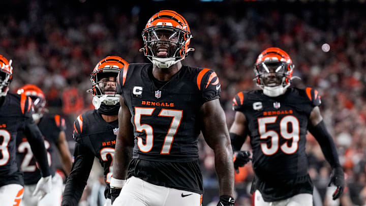 Cincinnati Bengals linebacker Germaine Pratt (57) celebrates an interception in the fourth quarter of the NFL Week 17 game between the Cincinnati Bengals and the Denver Broncos at Paycor Stadium in downtown Cincinnati on Saturday, Dec. 28, 2024. The Bengals took a 30-24 win in overtime to remain in the post season chase.