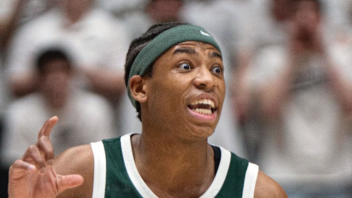 Feb 26, 2026; West Lafayette, Indiana, USA; Michigan State Spartans guard Jeremy Fears Jr. (1) calls a play during the first half of a game against the Purdue Boilermakers at Mackey Arena. Feb 26, 2026; West Lafayette, Indiana, USA; Michigan State Spartans guard Jeremy Fears Jr. (1) calls a play during the first half of a game against the Purdue Boilermakers at Mackey Arena.