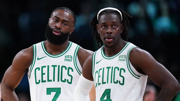 Feb 1, 2024; Boston, Massachusetts, USA; Boston Celtics guard Jrue Holiday (4), guard Jaylen Brown (7), guard Payton Pritchard (11) and guard Derrick White (9) on the court against the Los Angeles Lakers in the second half at TD Garden. Mandatory Credit: David Butler II-USA TODAY Sports Feb 1, 2024; Boston, Massachusetts, USA; Boston Celtics guard Jrue Holiday (4), guard Jaylen Brown (7), guard Payton Pritchard (11) and guard Derrick White (9) on the court against the Los Angeles Lakers in the second half at TD Garden. Mandatory Credit: David Butler II-USA TODAY Sports