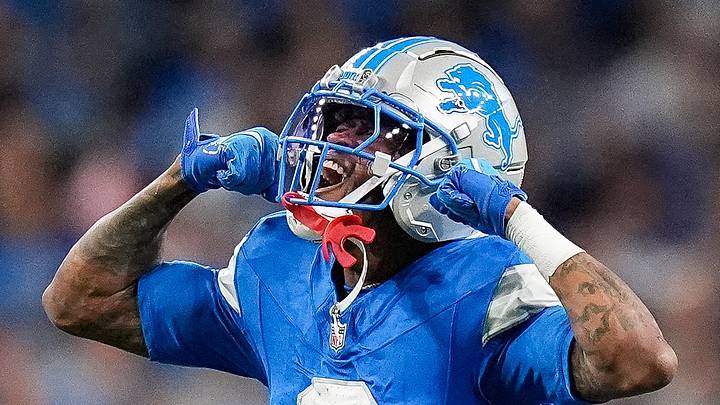 Nov 17, 2024; Detroit, MI, USA; Detroit Lions wide receiver Jameson Williams (9) celebrates a first down against Jacksonville Jaguars during the second half at Ford Field in Detroit on Sunday, Nov. 17, 2024. Mandatory Credit: Junfu Han/USA TODAY Network via Imagn Images