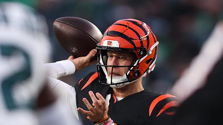 Aug 7, 2025; Philadelphia, Pennsylvania, USA; Cincinnati Bengals quarterback Joe Burrow (9) passes the ball against the Philadelphia Eagles during the first quarter at Lincoln Financial Field. Mandatory Credit: Bill Streicher-Imagn Images