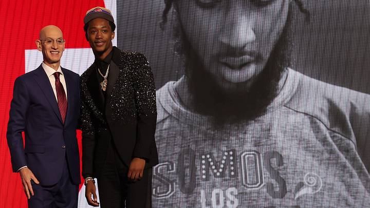 Jun 26, 2024; Brooklyn, NY, USA; Ron Holland II poses for photos with NBA commissioner Adam Silver after being selected in the first round by the Detroit Pistons in the 2024 NBA Draft at Barclays Center. Mandatory Credit: Brad Penner-Imagn Images Jun 26, 2024; Brooklyn, NY, USA; Ron Holland II poses for photos with NBA commissioner Adam Silver after being selected in the first round by the Detroit Pistons in the 2024 NBA Draft at Barclays Center. Mandatory Credit: Brad Penner-Imagn Images