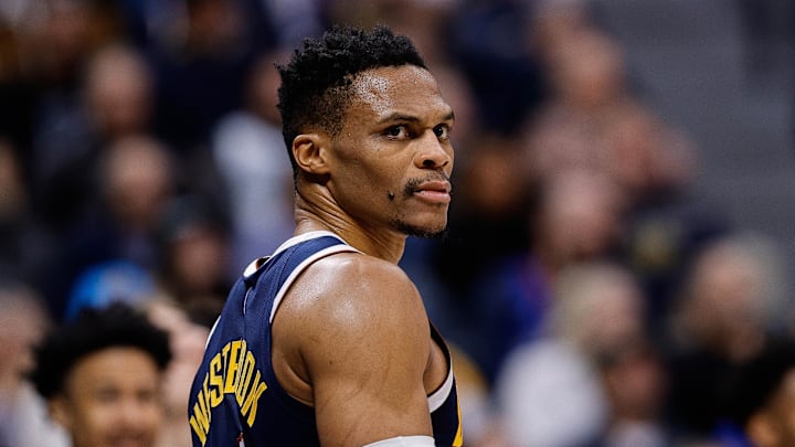Jan 15, 2025; Denver, Colorado, USA; Denver Nuggets guard Russell Westbrook (4) reacts in the third quarter against the Houston Rockets at Ball Arena. Mandatory Credit: Isaiah J. Downing-Imagn Images Jan 15, 2025; Denver, Colorado, USA; Denver Nuggets guard Russell Westbrook (4) reacts in the third quarter against the Houston Rockets at Ball Arena. Mandatory Credit: Isaiah J. Downing-Imagn Images