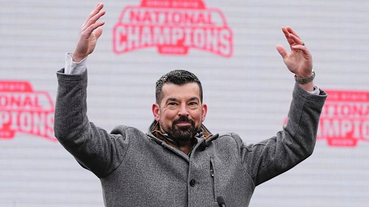 Head coach Ryan Day fires up the crowd during the Ohio State Buckeyes College Football Playoff National Championship celebration at Ohio Stadium in Columbus on Jan. 26, 2025.