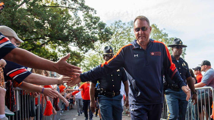 Auburn Tigers head coach Hugh Freeze greets fans during Tiger Walk before Auburn Tigers take on Vanderbilt Commodores at Jordan-Hare Stadium in Auburn, Ala., on Saturday, Nov. 2, 2024.