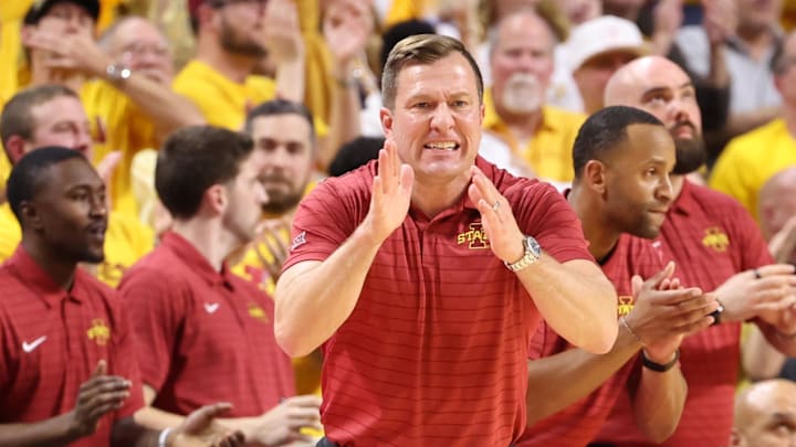 Feb 16, 2026; Ames, Iowa, USA;  Iowa State Cyclones head coach T.J. Otzelberger watches his team play the Houston Cougars during the second half at James H. Hilton Coliseum. 
