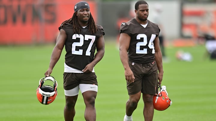 May 25, 2022; Berea, OH, USA; Cleveland Browns running back Kareem Hunt (27) and running back Nick