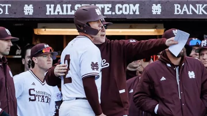 Mississippi State Outfielder Jacob Parker (#2) and Mississippi State Head Coach Brian O'Connor during the game between the Jackson State Tigers and the Mississippi State Bulldogs at Dudy Noble Field at Polk-Dement Stadium in Starkville, MS.