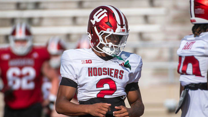 Indiana's Byron Baldwin Jr. (2) at Indiana University football practice on Tuesday, Aug. 5, 2025.