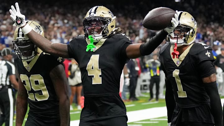 Oct 5, 2025; New Orleans, Louisiana, USA; New Orleans Saints cornerback Quincy Riley (29), New Orleans Saints cornerback Kool-Aid McKinstry (4) and New Orleans Saints cornerback Alontae Taylor (1) celebrate after an interception against the New York Giants during the fourth quarter at Caesars Superdome. Mandatory Credit: Matthew Hinton-Imagn Images Oct 5, 2025; New Orleans, Louisiana, USA; New Orleans Saints cornerback Quincy Riley (29), New Orleans Saints cornerback Kool-Aid McKinstry (4) and New Orleans Saints cornerback Alontae Taylor (1) celebrate after an interception against the New York Giants during the fourth quarter at Caesars Superdome. Mandatory Credit: Matthew Hinton-Imagn Images