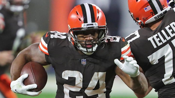 Browns running back Nick Chubb (24) rushes into the end zone for a touchdown during the first half of an NFL football game against the Baltimore Ravens, Monday, Dec. 14, 2020, in Cleveland, Ohio. [Jeff Lange/Beacon Journal]
