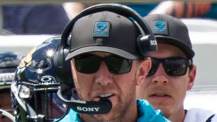 Jaguars Head Coach Liam Coen coaches along the sideline during the first quarter between the Houston Texans and the Jacksonville Jaguars Sunday September 21, 2025 at EverBank Stadium in Jacksonville, Fla. [Doug Engle/Florida Times-Union]