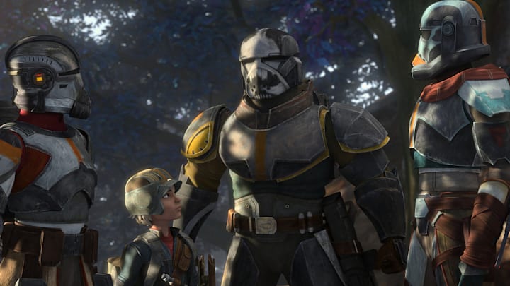 (L-R): Echo, Omega, Wrecker, Hunter, and Tech in a scene from "STAR WARS: THE BAD BATCH", season 2 exclusively on Disney+. © 2022 Lucasfilm Ltd. & ™. All Rights Reserved.