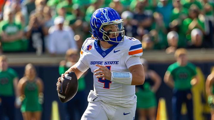 Oct 4, 2025; South Bend, Indiana, USA; Boise State Broncos quarterback Maddux Madsen (4).