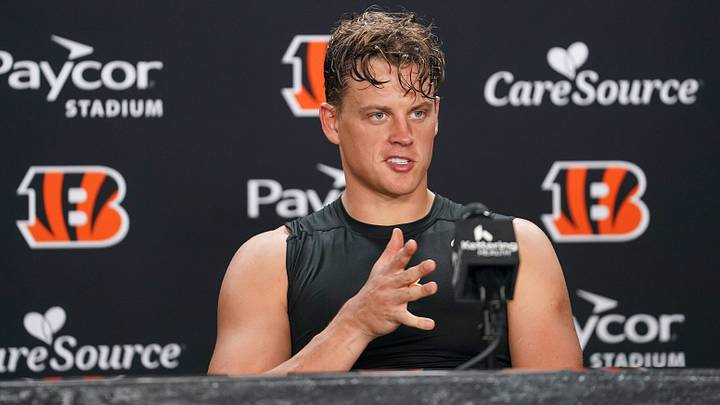 Cincinnati Bengals Joe Burrow answers questions from media during a press conference after practice at Paycor Stadium, Thursday, Aug. 20, 2026, in downtown Cincinnati. Cincinnati Bengals Joe Burrow answers questions from media during a press conference after practice at Paycor Stadium, Thursday, Aug. 20, 2026, in downtown Cincinnati.