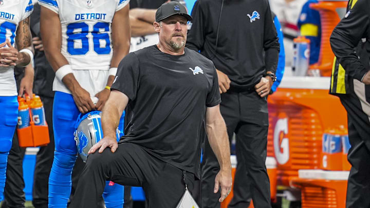 Detroit Lions head coach Dan Campbell reacts on the field after an injury to safety Morice Norris (26) (not shown) during the game against the Atlanta Falcons at Mercedes-Benz Stadium.