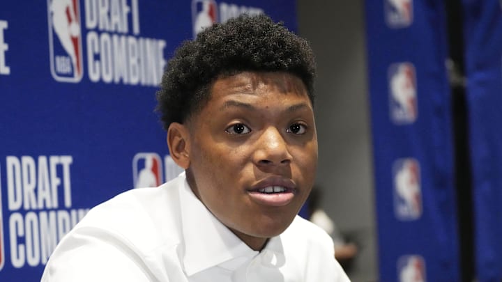 May 14, 2025; Chicago, Il, USA; Ace Bailey talks to the media during the 2025 NBA Draft Combine at Marriott Marquis Chicago. Mandatory Credit: David Banks-Imagn Images