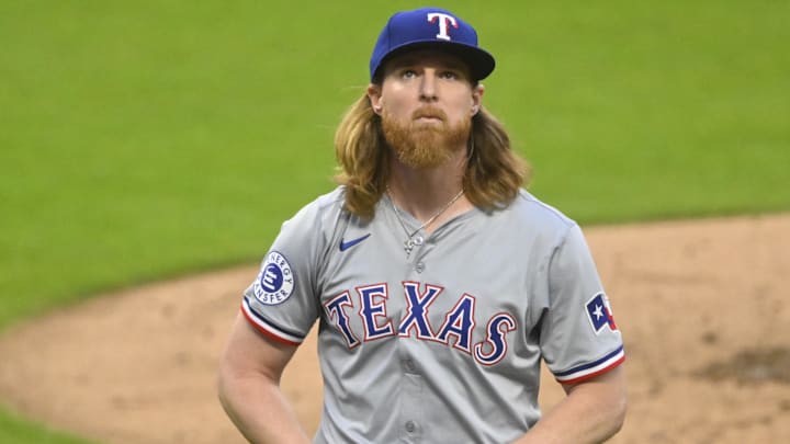 Aug 24, 2024; Cleveland, Ohio, USA; Texas Rangers starting pitcher Jon Gray (22) walks off the mound at the end of the second inning against the Cleveland Guardians at Progressive Field