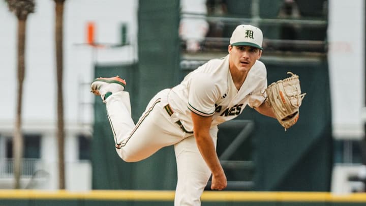 Miami starting pitcher AJ Ciscar follows through on the mound. 