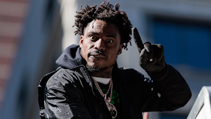 Feb 14, 2025; Philadelphia, PA, USA; Philadelphia Eagles safety C.J. Gardner-Johnson (8) celebrates during the Super Bowl LIX championship parade and rally. Mandatory Credit: Caean Couto-Imagn Images Feb 14, 2025; Philadelphia, PA, USA; Philadelphia Eagles safety C.J. Gardner-Johnson (8) celebrates during the Super Bowl LIX championship parade and rally. Mandatory Credit: Caean Couto-Imagn Images