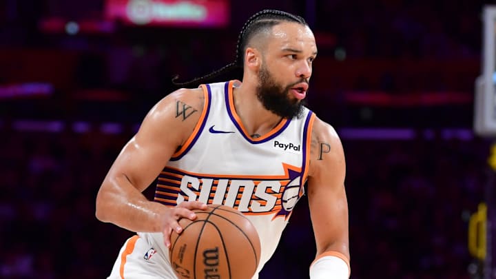 Apr 10, 2026; Los Angeles, California, USA; Phoenix Suns forward Dillon Brooks (3) moves the ball against the Los Angeles Lakers during the first half at Crypto.com Arena. Mandatory Credit: Gary A. Vasquez-Imagn Images